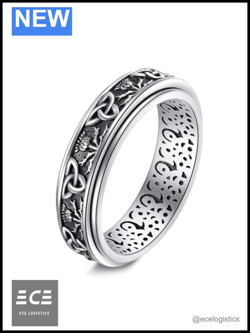 S925 Sterling Silver Scottish Thistle Spinner Ring Size 11 Celtic Fidget